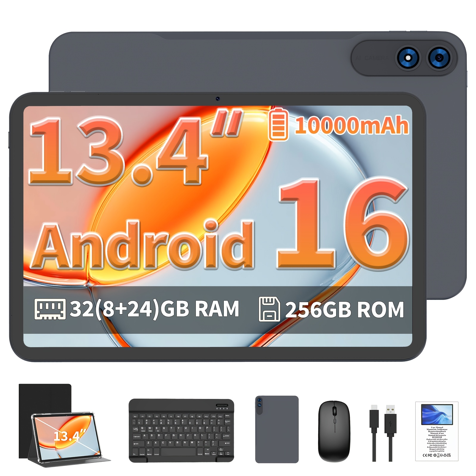 13.4 inch Android 16 Tablet, 32(8GB+24GB) RAM, 256GB ROM, 10000